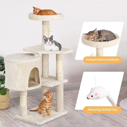 BestPet | 36" Cat Tree Tower | Beige | Sturdy Multi-Level Cat Tree with Plush Condo, Cozy Perch, Sisal Scratching Posts, Hanging Toy and Stable Frame | Easy Assembly | for Kittens & Adult Cats