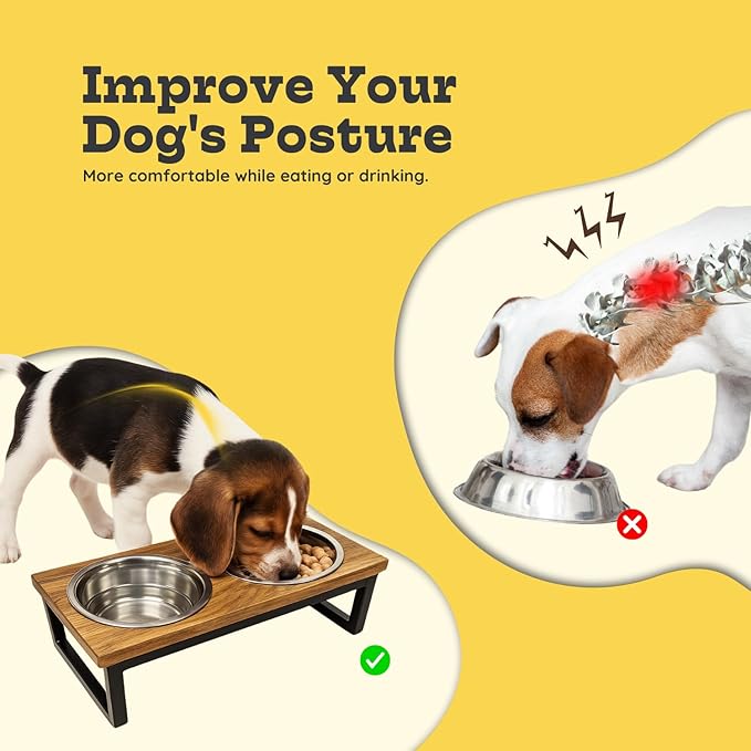 Elevated Dog Bowls, 4.5” Small Dogs/Cats Only Raised Bowl Mango Wood Stand, Food & Water 2 Stainless Steel Dishes Each 32oz/4Cup Capacity, Non-Slip Pet Feeder Station in Brown, toy Breeds
