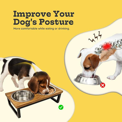 Elevated Dog Bowls, 4.5” Small Dogs/Cats Only Raised Bowl Mango Wood Stand, Food & Water 2 Stainless Steel Dishes Each 32oz/4Cup Capacity, Non-Slip Pet Feeder Station in Brown, toy Breeds