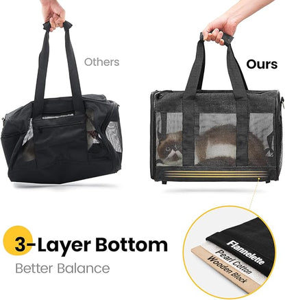 Dog Carrier Soft Sided, Large Cat Carrier with Inner Safety Leash, Pet Transport Carrier for Large Cats and Medium Dogs up to 20 Lbs, Collapsible Travel Puppy Carrier Bag -Black L