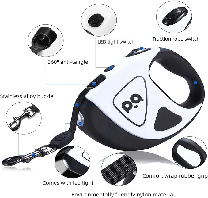 Retractable Dog Leash with Light, Pet Lead, 12-Color Ambient Lighting, Retractable Pet Lead with 360° Anti-Tangle Feature, 5-Meter Length Weighing Up to 40 kg (White, 1.0)
