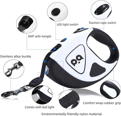 Retractable Dog Leash with Light, Pet Lead, 12-Color Ambient Lighting, Retractable Pet Lead with 360° Anti-Tangle Feature, 5-Meter Length Weighing Up to 40 kg (White, 1.0)