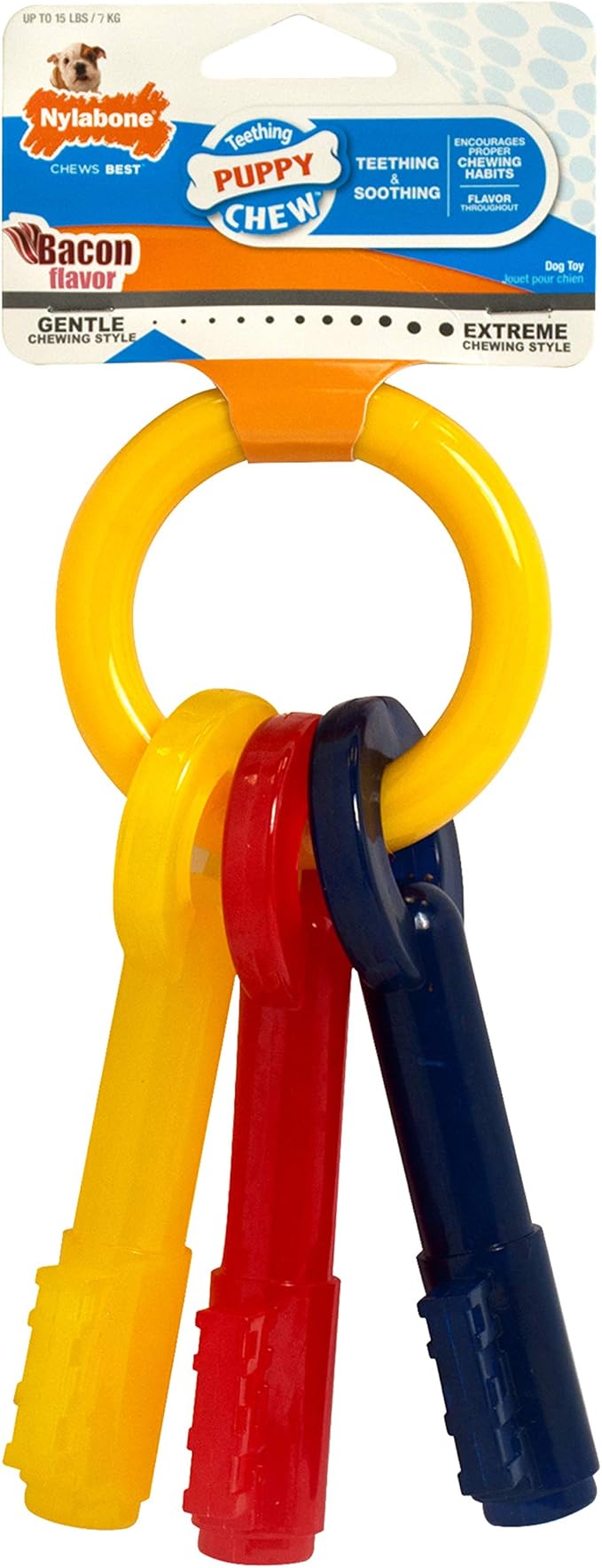 Nylabone Puppy Chew Key Ring Toy, Toys for Teething Puppies, Multi Color, Bacon Flavor, X-Small - Up to 15 lbs, 1 Count