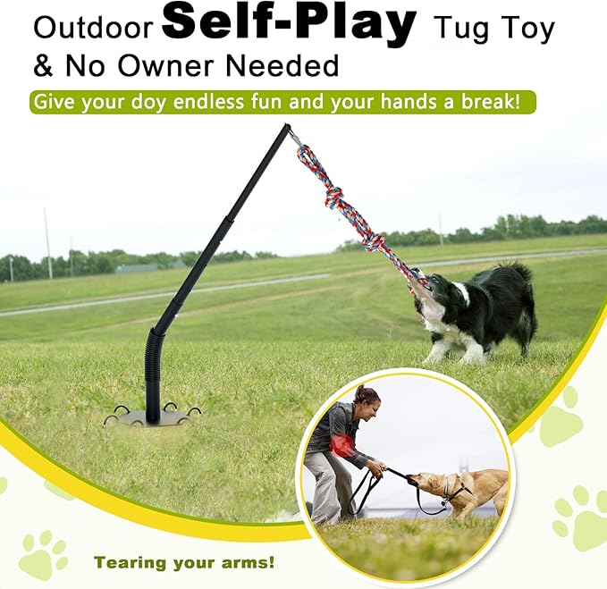 Outdoor Tug of War Dog Toy, Tether Interactive Dog Tug Toy Backyard Heavy-Duty Dog Solo Play Exercise Toy for Large Medium Dogs, Height Adjustable, 2 Rope Toys