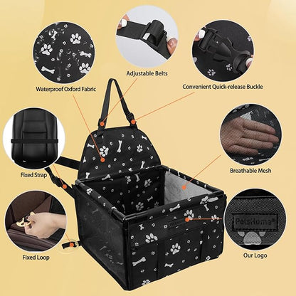 PetsHome Dog Car Seat Foldable Dog Car Booster Seat Waterproof Breathable Oxford Travel Bag for Small to Medium Dogs, Puppies, and Pets-Pattern Black-Upgrade