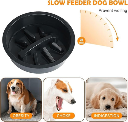 3-in-1 Slow Feeder Dog Bowl Stand, Elevated Raised Feeder with 1 Slow Feed & 3 Stainless Steel Bowls, Iron Stand, Custom Name Plate & Mat - Easy Clean for Fast Eaters, Multiple Dogs