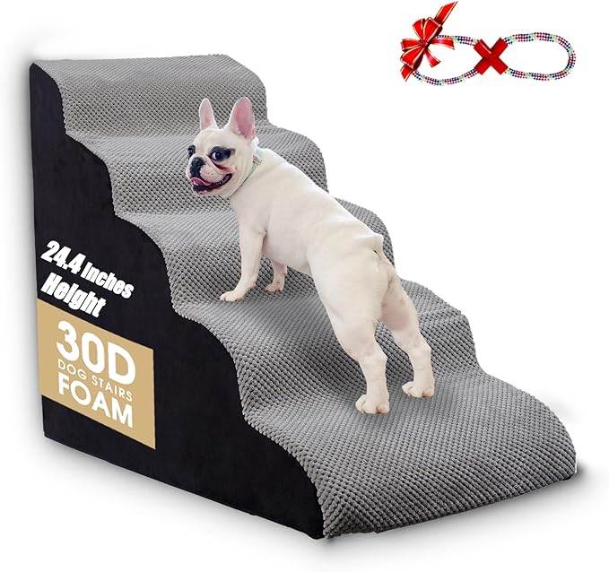 Dog Steps for Bed 24.4" High, Curved 5-Step Dog Stairs for Small Medium Dogs, PetDog Steps for Beds/Couch 22-26 in, Non-Slip Dogs Ramp with 35D High-Density Foam, Grey