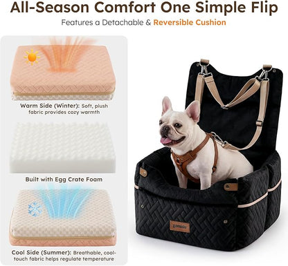 ZOMISIA Elevated Dog Car Seat for Medium Dogs, 3 Adjustable Heights with 2 Egg Crate Foam Boosters 4"+2", Dual-Sided Cooling&Plush Waterproof Cover, 2 Safety Leashes & Buckles, Houndstooth
