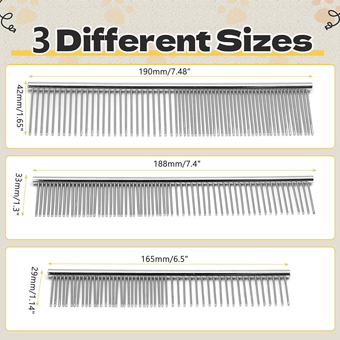Biaungdo 3 Pcs Dog Grooming Combs Set, Metal Dog Comb for Removing Tangles and Knot, Cat Brush Grooming Tool for Long Haired Pets(7.48 x 1.65 inch & 7.4 x 1.3 inch & 6.5 x 1.14 inch)