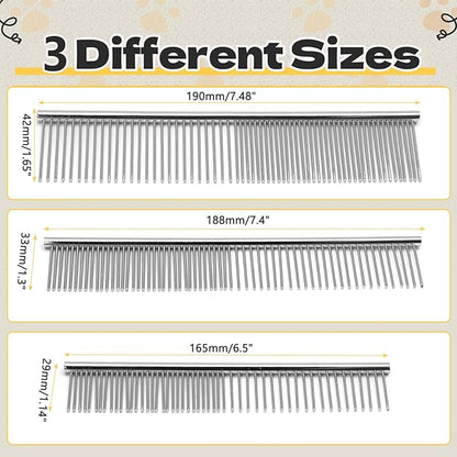 Biaungdo 3 Pcs Dog Grooming Combs Set, Metal Dog Comb for Removing Tangles and Knot, Cat Brush Grooming Tool for Long Haired Pets(7.48 x 1.65 inch & 7.4 x 1.3 inch & 6.5 x 1.14 inch)