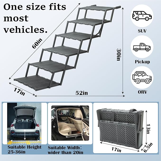 Dog Ramp for Car, SUV & Truck, Portable Pet Stairs with Non-Slip and Easy-Clean Surface, Extra Large Dog Step with Adjustable Size, Supports up to 250 lbs.