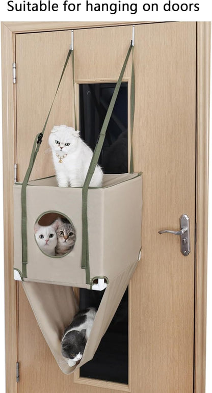 2 Tiered Hanging Cats Bed Door Mounted Space Saving Double Layer Cats Hammock for Multiple Cats with Breathable Polyeste