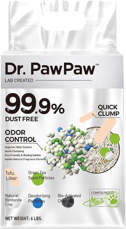 Tofu Cat Litter, Dr. PawPaw Clumping Cat Litter, Green Tea Scent 6 lb, Dust-Free Keep Kitty Tidy, Superior Odor Control Keep Step Fresh