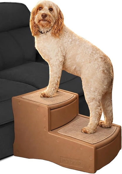 Pet Gear Easy Step II Extra Wide Pet Stairs, 2 Step for Dogs/Cats up to 200 pounds, Removable/Washable Carpet, Easy Assembly (No Tools Required), Camel