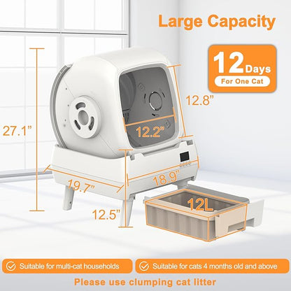 Automatic Cat Litter Box Self Cleaning - App Control, Cat Toilet Records, Suitable for Big Cats, Medium Cats, Kittens and Multi-Cat Families, Anti-Pinch, Low Noise【Assembly Required】- White