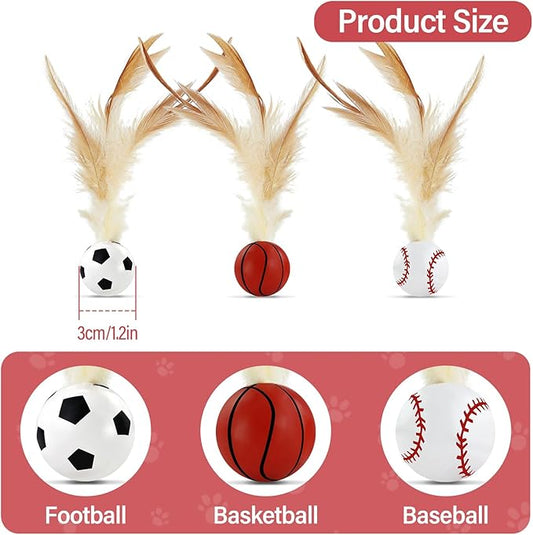 Andiker 3PCS Cat Bouncy Ball with Feather, Colorful Cats Feather Ball Toy Set with Good Elastic for Exercising Chasing Chewing to Reduce Anxiety Interactive Kitten Toys for Indoor Cats (Small, Sport)