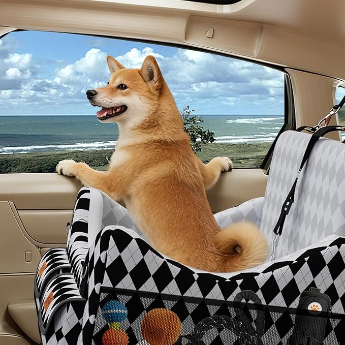 Dog Car Seat for Small/Medium Dogs up to 35lbs, 4-Pocket Storage Memory Foam Dog Booster Seat, Detachable Washable Pet Car Seat with Safety Belt, Outdoor & Indoor Use (Black/White)