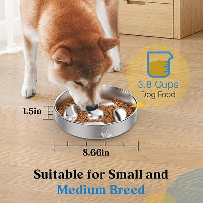 Slow Feeder Dog Bowls, 304 Stainless Steel Dog Slow Feeder Bowl 3.8 Cups Metal Dog Food Bowl with Non-Slip Bottom Shallow Slow Eating Dog Bowl for Small & Medium Breed Stop Bloat, Dishwasher Safe