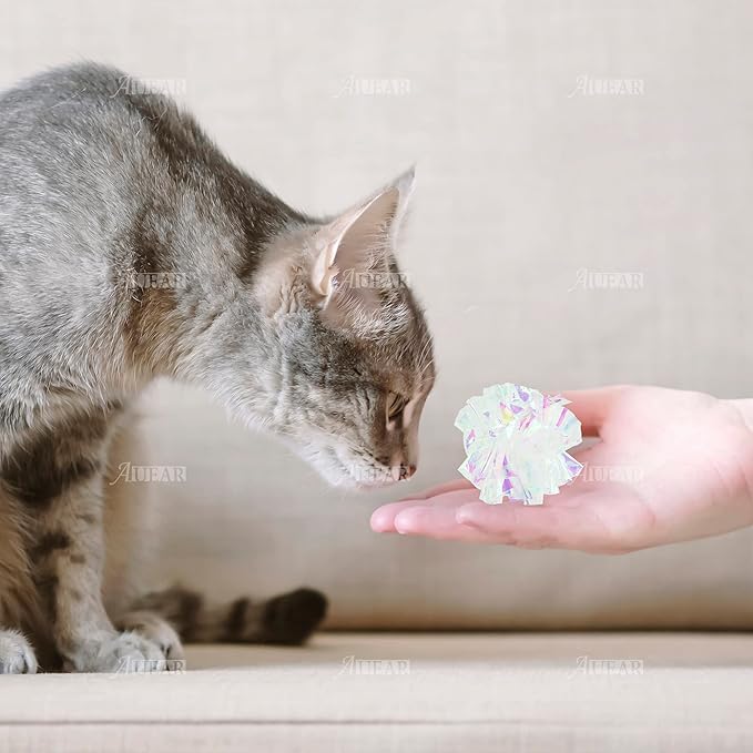 AUEAR, 20 Pack Dye Free Cat Crinkle Balls 2" Mylar Sounds Shiny Kitty Glitter for Cats