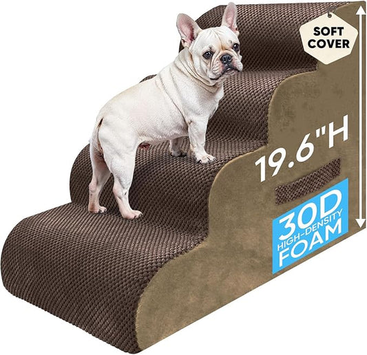 PAWSCART Pet Stairs for Dogs 4-Step, 19.6" H Pet Stairs for High Bed, Couch Sofa & Chair, 30D Material Soft Foam Dog Steps with Non-Slip Bottom Surface Removable Washable Cover, Brown