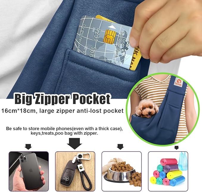 Tomkas Small Dog Cat Sling Carrier Puppy Purse Travel Wrap Soft Crossbody Pet Bag (Dark Blue, M - Classic Pocket & Classic Strap)