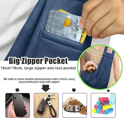 Tomkas Small Dog Cat Sling Carrier Puppy Purse Travel Wrap Soft Crossbody Pet Bag (Dark Blue, M - Classic Pocket & Classic Strap)
