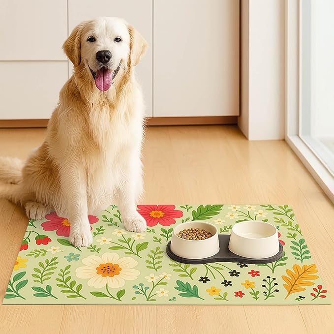 Absorbent Pet Feeding Mat Floral Design for Dogs and Cats Food Water Bowl Mat Easy to Clean Pet Food Mat for Kitchen Area Home Decor 24 x 16 Inches Anti Slip Dog Bowl Mat Pet Placemat
