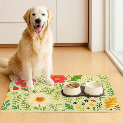 Absorbent Pet Feeding Mat Floral Design for Dogs and Cats Food Water Bowl Mat Easy to Clean Pet Food Mat for Kitchen Area Home Decor 24 x 16 Inches Anti Slip Dog Bowl Mat Pet Placemat