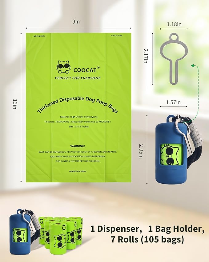 Dog Poop Bags with Dispenser & Holder, Guaranteed Leak Proof, Unscented Extra Thick Heavy Duty Tear-resistant 18-Micron Waste Bag Refill Rolls (NavyBlue (105-Bags, 1-Dispenser))