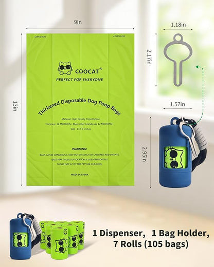 Dog Poop Bags with Dispenser & Holder, Guaranteed Leak Proof, Unscented Extra Thick Heavy Duty Tear-resistant 18-Micron Waste Bag Refill Rolls (NavyBlue (105-Bags, 1-Dispenser))