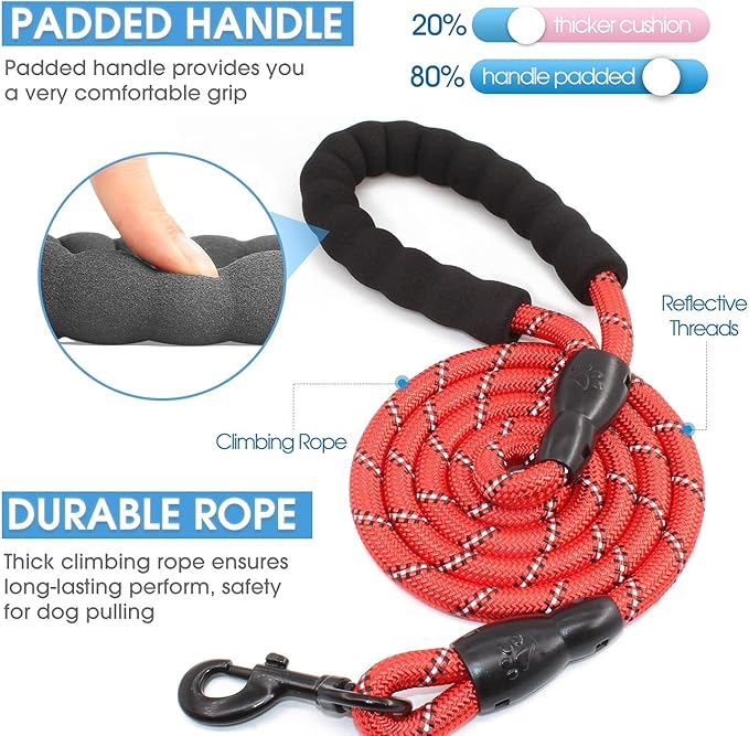 BAAPET 2/4/5/6 FT Dog Leash with Comfortable Padded Handle and Highly Reflective Threads for Small Medium and Large Dogs (5FT-1/2'', Red)