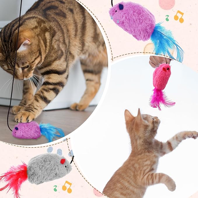 3Pcs Flying Mouse Cat Toys, Interactive Chirping Mouse Cats Feather Toys Hanging Cat String Toy for Bored Kittens Adult Multi Households