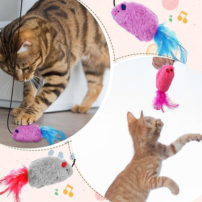 3Pcs Flying Mouse Cat Toys, Interactive Chirping Mouse Cats Feather Toys Hanging Cat String Toy for Bored Kittens Adult Multi Households
