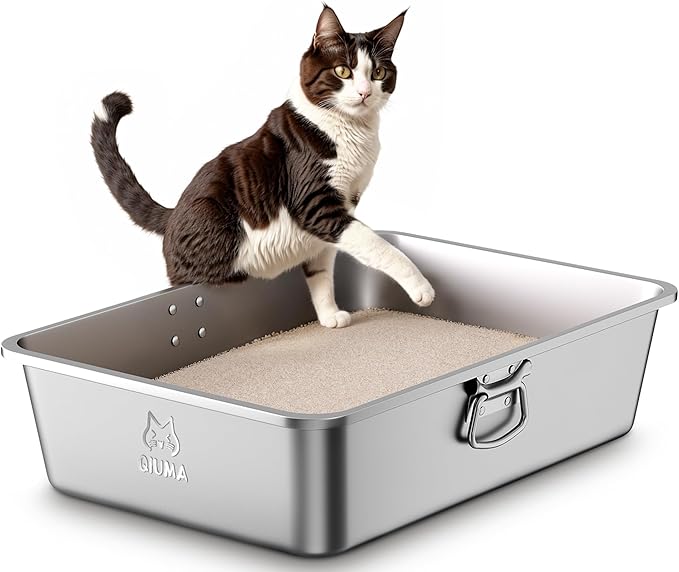 Stainless Steel Metal Litter Box with Handle, Extra Large Cat Litter Box with High Sides, Odor-Free, Non-Stick, Easy to Clean, 23.4"×15.6"×7.8", Ideal for Large Cats & Multi-Cat Households