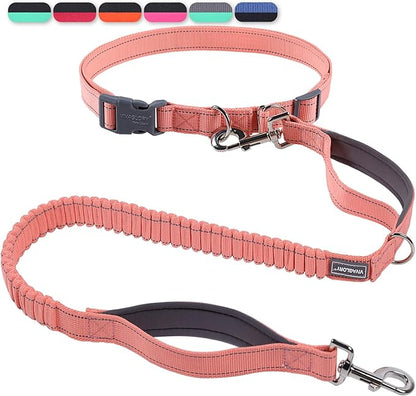 VIVAGLORY Hands Free Dog Leash Bungeeone Running Dog Leash with Waist Belt for Running Walking & Jogging, Bungee & Around Waist for Pet, M, Pink/Grey