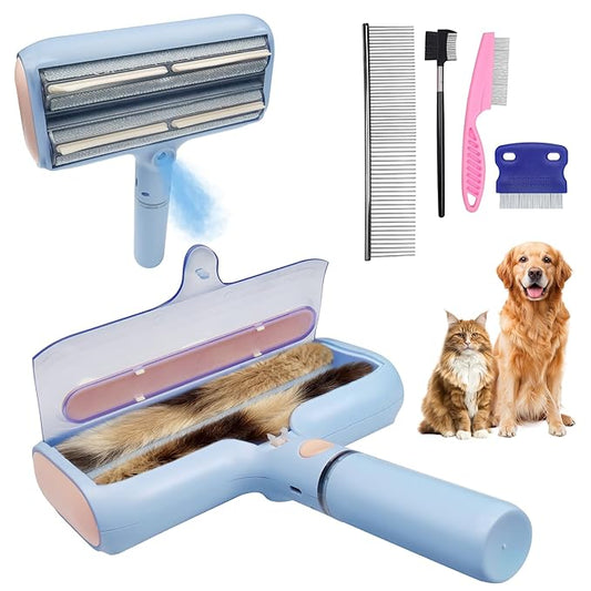 Pet Hair Remover Set with Spray & Self-Storage – Reusable Double-Sided Roller, 4-Piece Grooming Brushes & Combs for Dogs, Cats, Furniture & Clothing