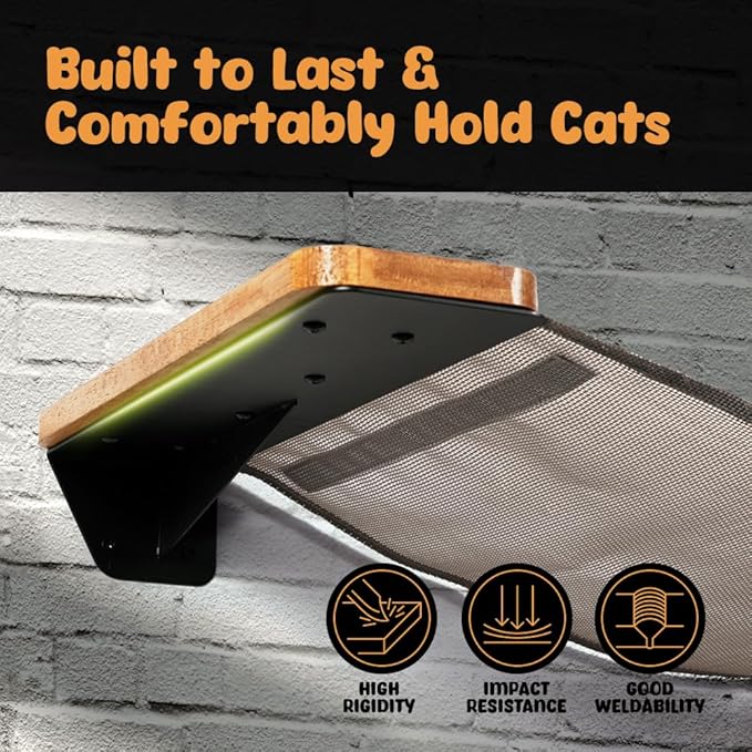 Cat Wall Furniture, Cat Hammock Wall Mounted Cat Shelf with 2 Steps, Cat Climbing Shelves and Perches and Lounging with Metal Frame and Wooden Shelf for Cozy Rest - MK2026B