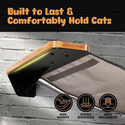 Cat Wall Furniture, Cat Hammock Wall Mounted Cat Shelf with 2 Steps, Cat Climbing Shelves and Perches and Lounging with Metal Frame and Wooden Shelf for Cozy Rest - MK2026B