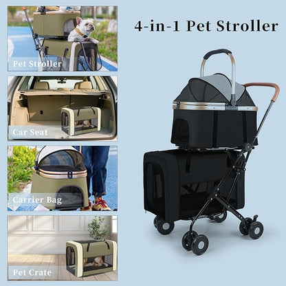 Eanpet Pet Stroller for 2 Dogs & 2 Cats 4Wheels Double Dog Strollers with Detachable Carriers Foldable Pet Travel Jogger Stroller Removable Cat Carrier Bag for Small Medium Dogs 40 lbs,Black