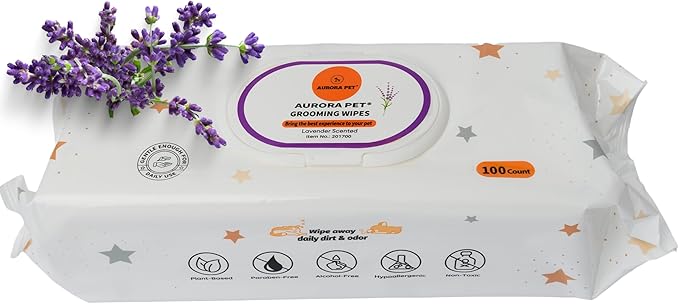 Aurora Pet Wipes – 100% Natural, Plant-Based Hypoallergenic Grooming Wipes for Dogs & Cats – Extra-Durable, Large & Thick for Effortless Cleaning (Lavender, 100 Count)