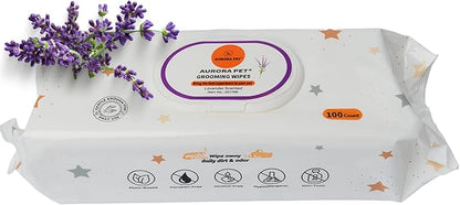 Aurora Pet Wipes – 100% Natural, Plant-Based Hypoallergenic Grooming Wipes for Dogs & Cats – Extra-Durable, Large & Thick for Effortless Cleaning (Lavender, 100 Count)