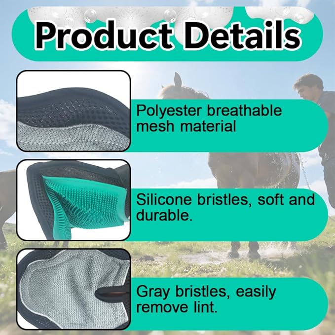 Pet Hair Removal Glove for Horses, 2-in-1 Double-Sided Pet Grooming Glove, Silicone Horse Hair Remover/Shower Grooming Brush to Prevent Electrostatic for Dogs and Cats (Standard Size)
