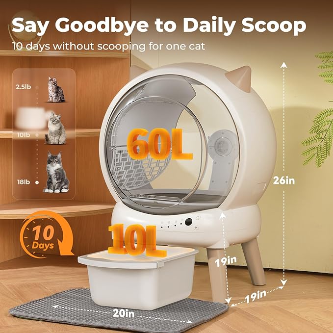 Automatic Cat Litter Box - E2 Self Cleaning Litter Box Smart Robot for Multiple Cats, APP Real-Time Monitor, Weight Monitoring, Safe Anti-Pinch Liners and Mat Included