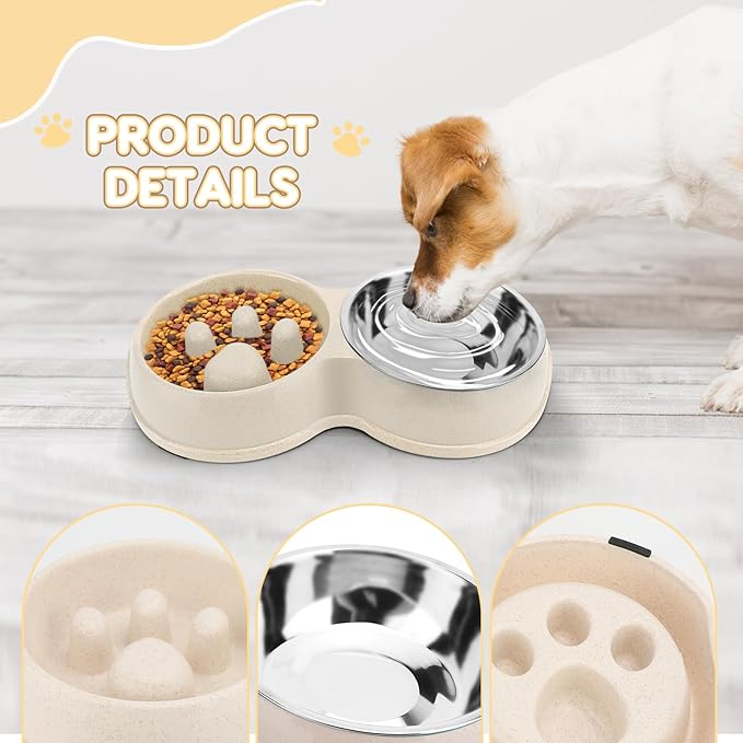Pets Double Slow Feeder Bowls, Cats & Dogs Food Water Bowls, Stainless Steel Puppy Food and Water Dishes Non-Skid, Pet Feeding Bowl for Small Dogs Puppy Cat (White)