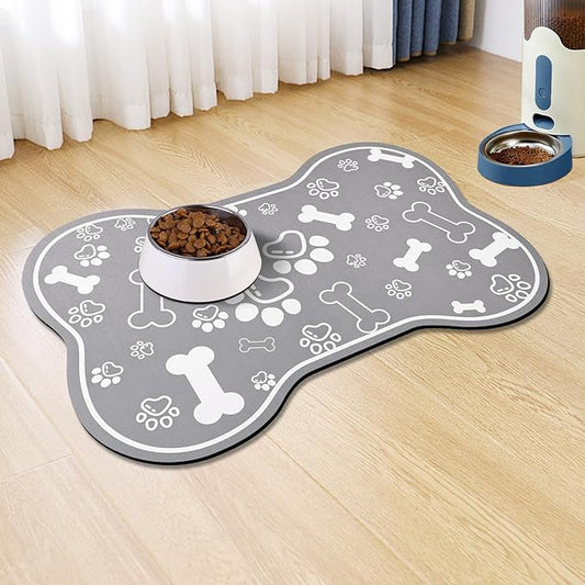Dog Cat Food Mat,Rapid Absorbent Pet Feeding Mat, Bone Shaped Dog Placemat Water Bowl Mat with Rubber Backing,No Stains Dog Cat Food Mats Indoor, Pet Accessories Supplies 16"×24" Grey