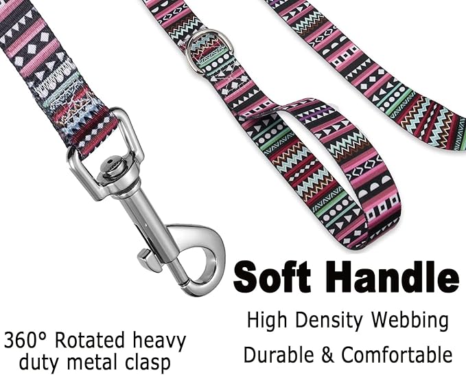 Dog Collar and Leash Set with Bohemia Floral Tribal Geometric Patterns - Soft Ethnic Style Collar Adjustable for Small Medium Large Dogs(Bohemian Purple Set,L)