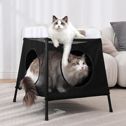 Elevated Cat Bed with Cat Hammock, 2-Story Indoor Cat House with Cave & Washable Cover, Multi-Cat Furniture