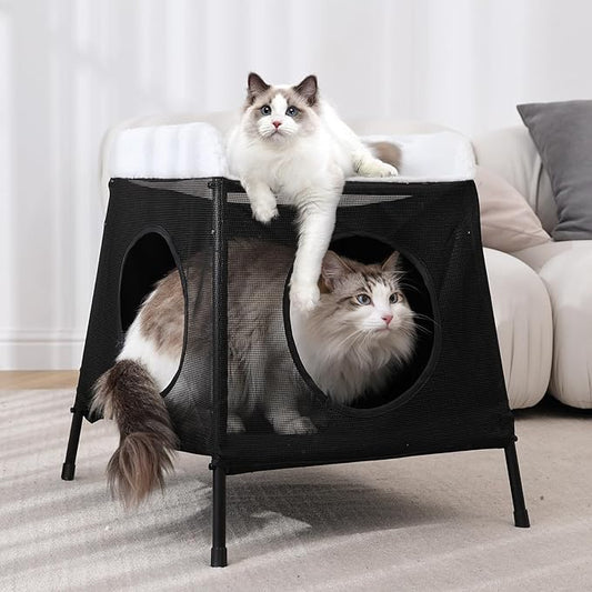 Elevated Cat Bed with Cat Hammock, 2-Story Indoor Cat House with Cave & Washable Cover, Multi-Cat Furniture