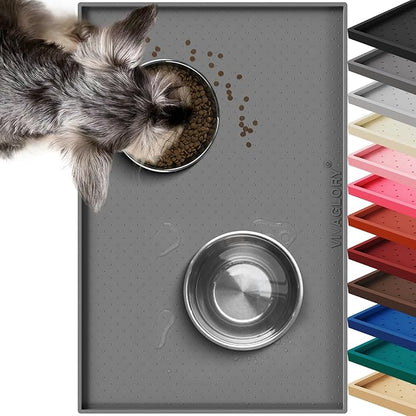 VIVAGLORY Dog Bowl Mat Grippymat Pet Food Mat, Waterproof Washable Nonslip Silicone for Pet & Cat, Food and Water Placemat with Lip & Raised Edges for Indoor Floor, L, Grey