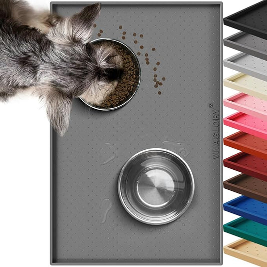 VIVAGLORY Dog Bowl Mat Grippymat Pet Food Mat, Waterproof Washable Nonslip Silicone for Pet & Cat, Food and Water Placemat with Lip & Raised Edges for Indoor Floor, L, Grey